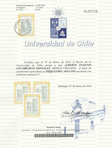 Certificado de Título de Psiquiatría - Universidad de Chile