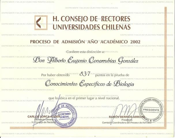 Certificado Puntaje Nacional Biología 2001