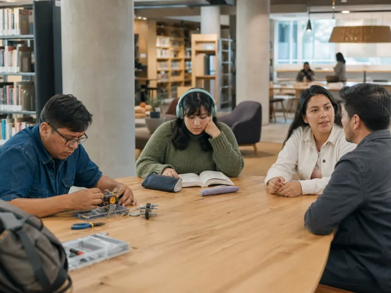 Adultos con perfiles diversos comparten actividades en una biblioteca accesible