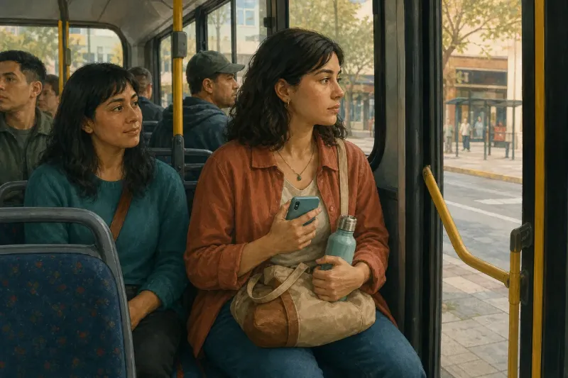 Adulta que viaja en bus cerca de la salida con una persona de confianza