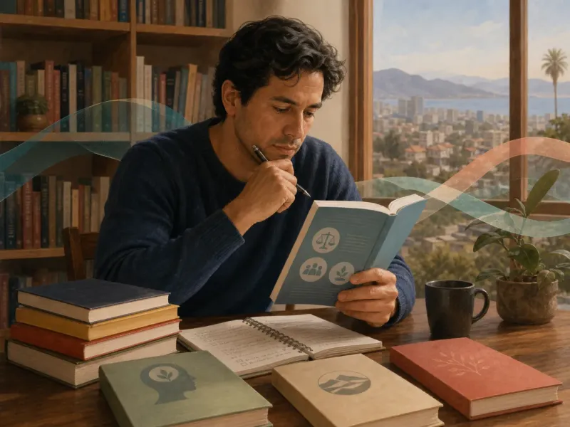 Adulto compara lecturas de autoayuda con criterio y toma notas