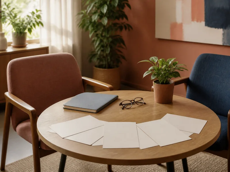 Mesa de conversación con tarjetas en blanco para ordenar preguntas frecuentes