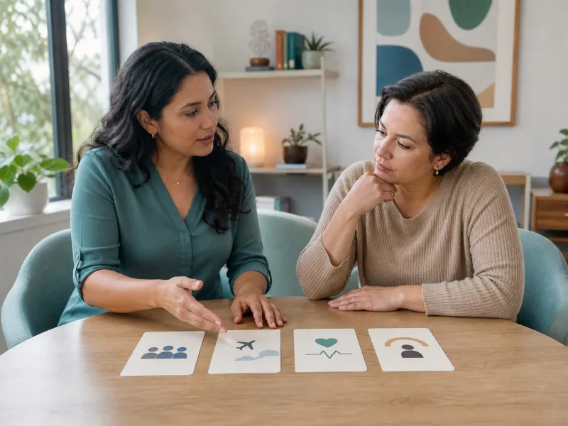 Profesional y paciente comparando distintos contextos posibles de ansiedad