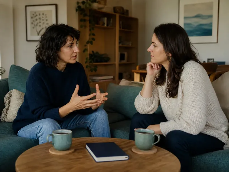 Conversación de apoyo entre dos personas adultas en un entorno cotidiano