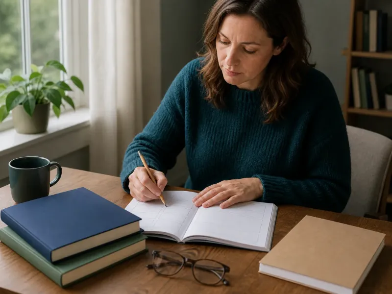 Persona adulta trabajando con libros y un cuaderno de autoayuda estructurada