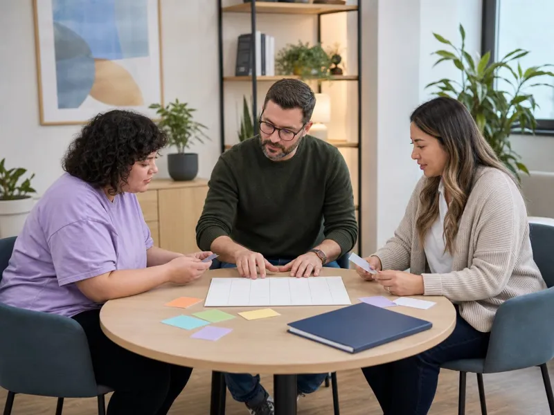 Paciente, psicoterapeuta y nutricionista construyendo un plan individual