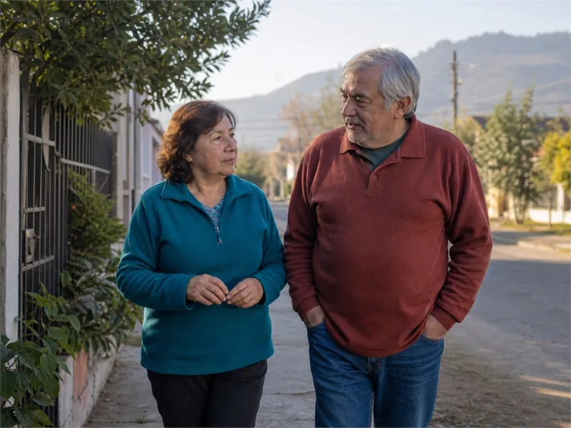 Dos adultos mayores caminando juntos y conversando en el barrio