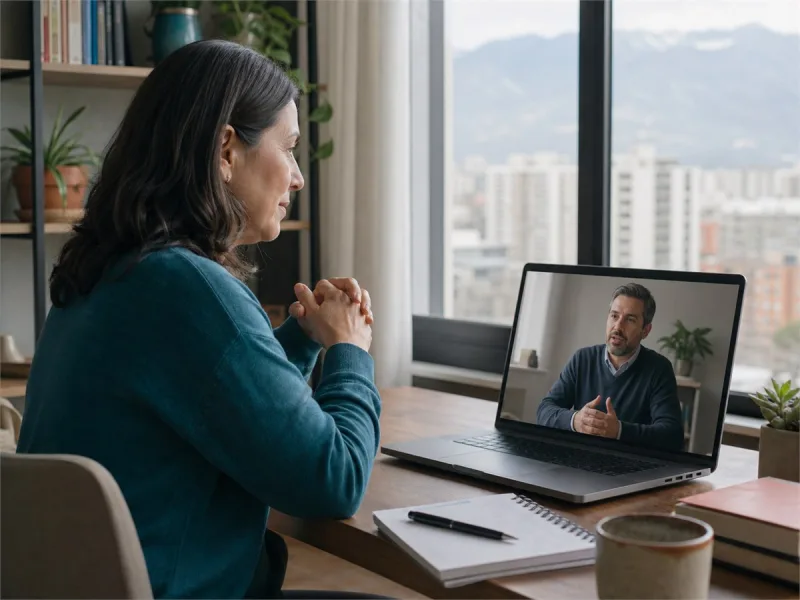 Paciente adulta en teleconsulta psiquiátrica desde un espacio privado