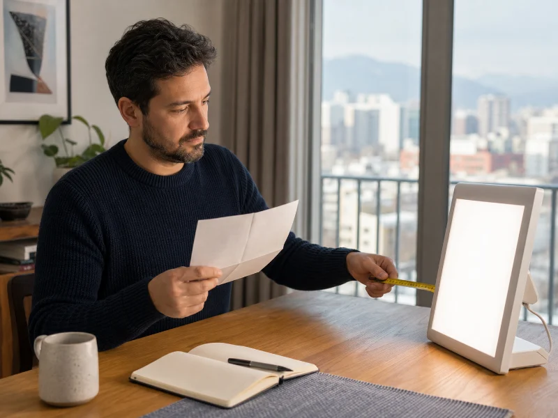 Adulto revisando las instrucciones y la distancia correcta de una caja de luz terapéutica