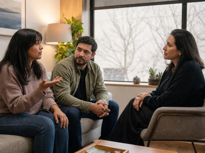 Adultos conversando con una profesional de salud mental durante una consulta