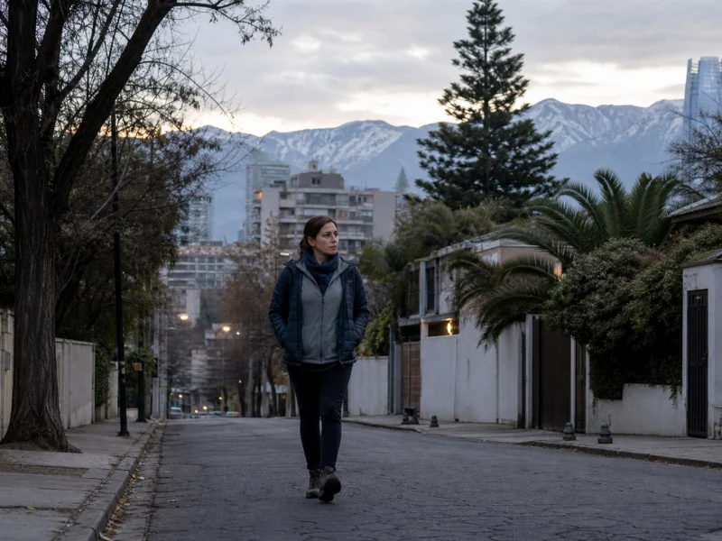 Adulta caminando con luz natural al inicio de un día de invierno en Santiago