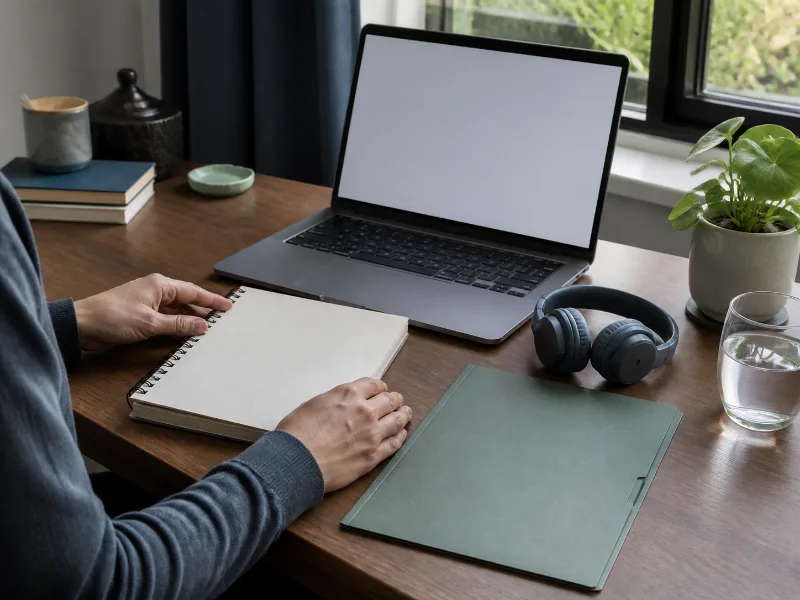 Persona adulta preparando cuaderno, audífonos y agua para una consulta online privada