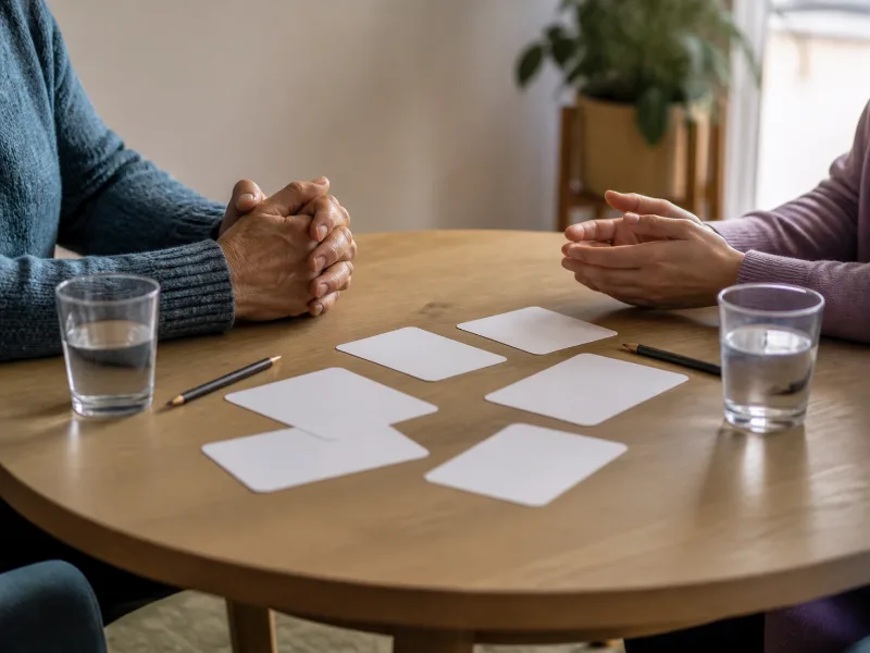 Dos personas conversando a la misma altura ante tarjetas de preguntas sin texto