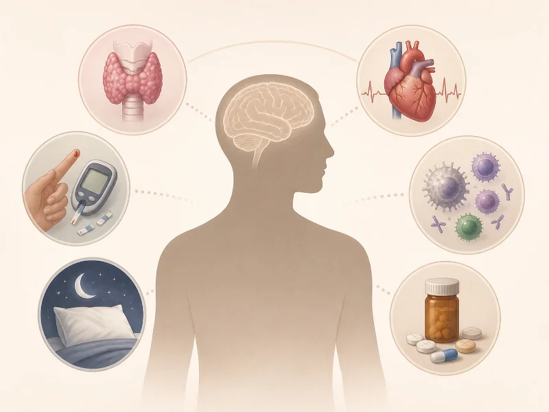 Ilustraci&oacute;n de factores tiroideos, metab&oacute;licos, cardiovasculares, inmunitarios, del sue&ntilde;o y farmacol&oacute;gicos relacionados con el cerebro