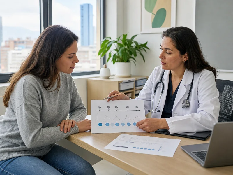 Médica y paciente revisan una línea de tiempo de síntomas y exámenes por fatiga persistente