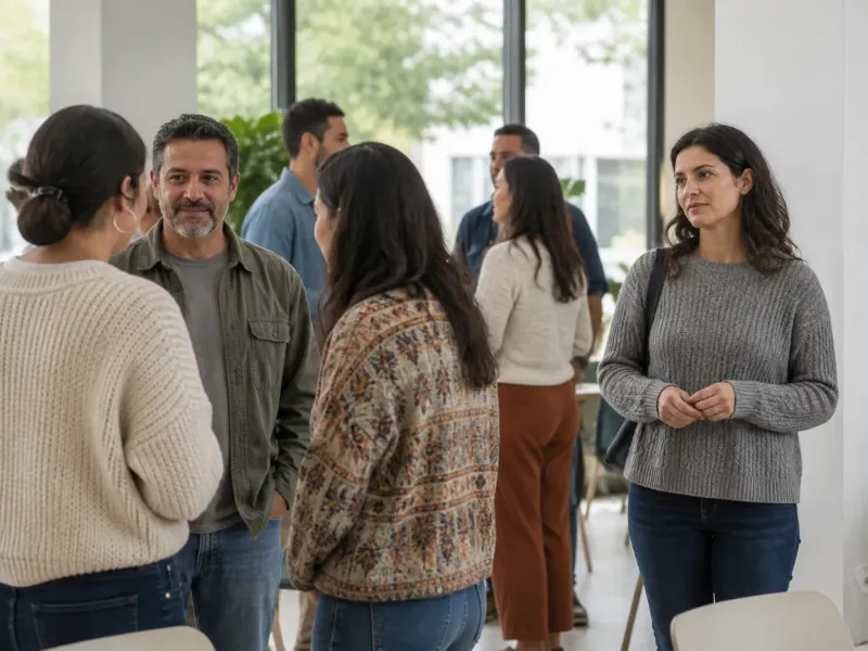 Adulta que desea incorporarse a una conversación en un encuentro comunitario