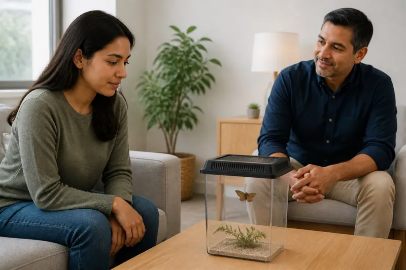 Adulta observa a distancia una polilla contenida de forma segura durante una práctica acompañada