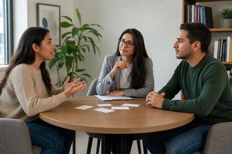 Profesional conversa con dos adultos y responde preguntas sobre fobias específicas
