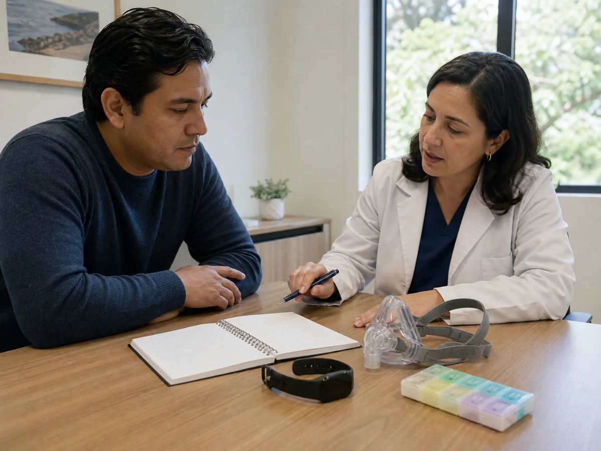 Paciente y especialista comparan diario de sueño, actigrafía, CPAP y medicamentos para estudiar distintas causas de somnolencia