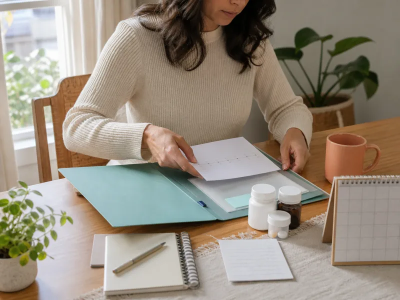Adulta preparando una cronología, medicamentos y preguntas para la consulta