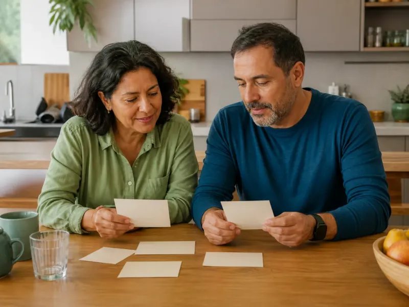 Pareja revisando preguntas para conversar sin presión de desempeño