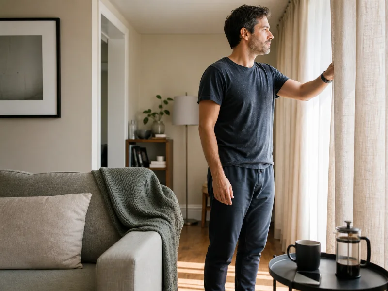 Adulto abre las cortinas y deja una segunda taza de café para evitar compensaciones que perpetúan el insomnio