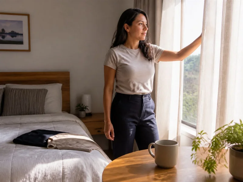 Persona adulta comenzando el día con luz natural como parte de una rutina estable de sueño