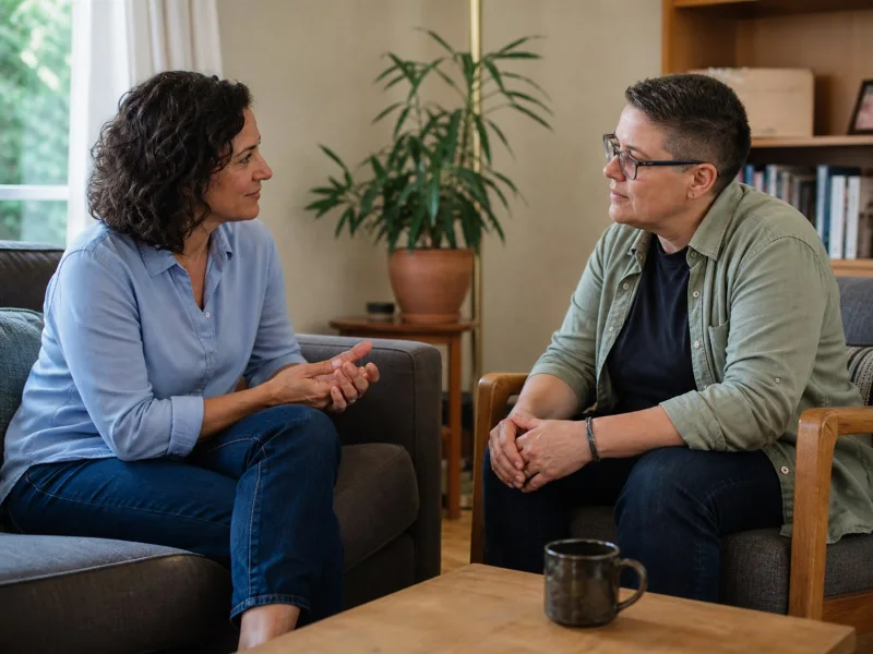 Dos personas adultas conversan respetuosamente sobre intimidad y límites