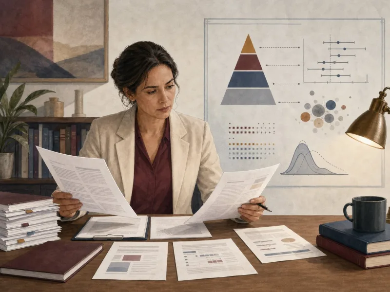 Profesional que compara revisiones, estudios y resultados agregados considerando la calidad y los límites de la evidencia