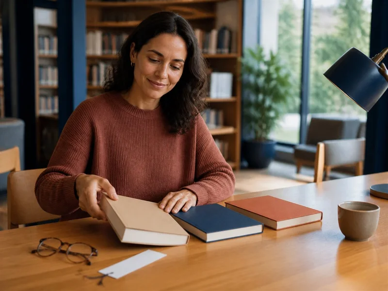 Persona adulta selecciona una lectura y deja otros libros para después