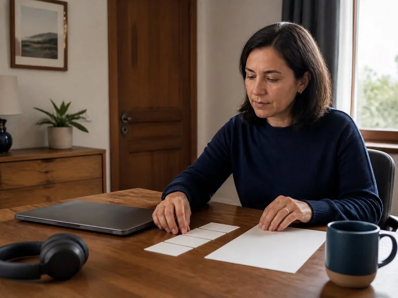Paciente adulta prepara ejemplos concretos en un lugar privado antes de su primera teleconsulta
