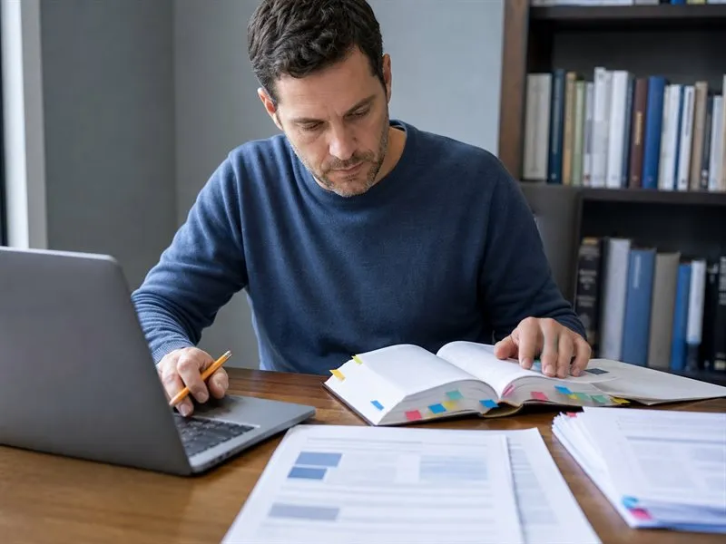 Profesional contrasta una guía, un libro de referencia y publicaciones para actualizar información clínica