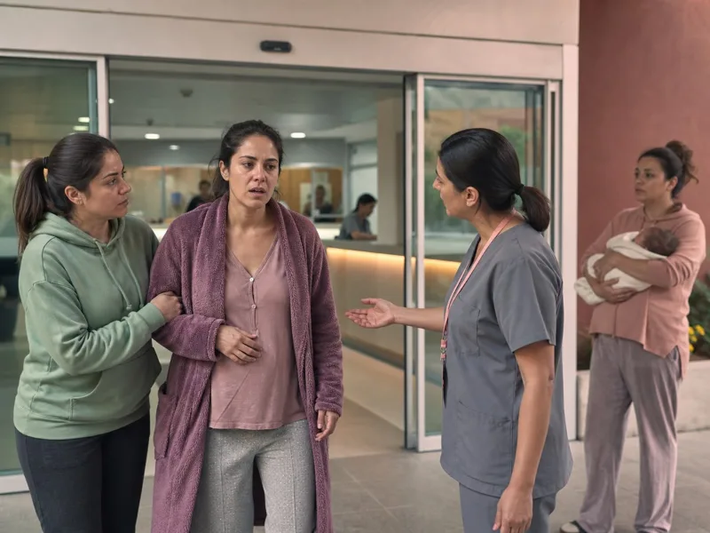 Persona en posparto llega acompañada a una evaluación de urgencia mientras otra persona cuida al bebé