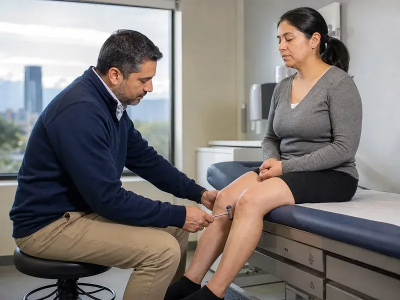 M&eacute;dico eval&uacute;a el reflejo rotuliano de una paciente adulta durante un examen neuromusculoesquel&eacute;tico