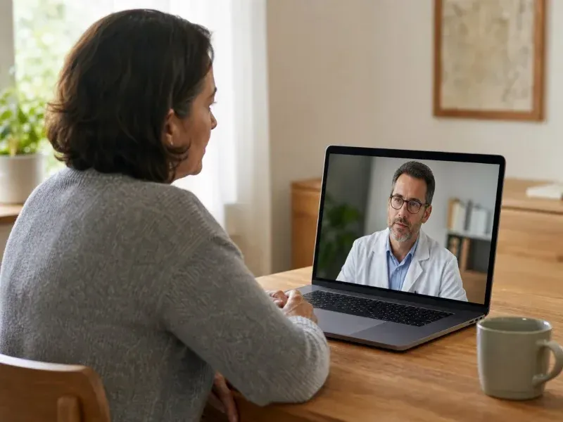 Mujer adulta conversa por videollamada con un m&eacute;dico desde su hogar