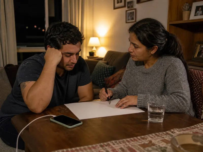 Dos personas revisan juntas un plan sencillo para atravesar la noche con mayor seguridad